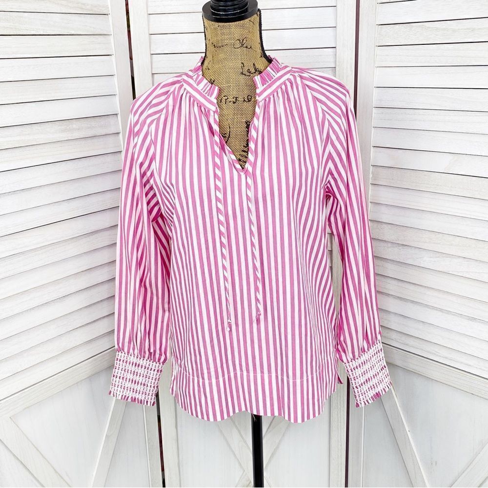 J. Crew Striped Smocked Cuff Popover Shirt Pink White XS